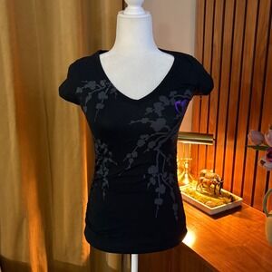 Active Basic Womens Black Floral Cherry Blossom V-Neck Graphic T-Shirt Medium